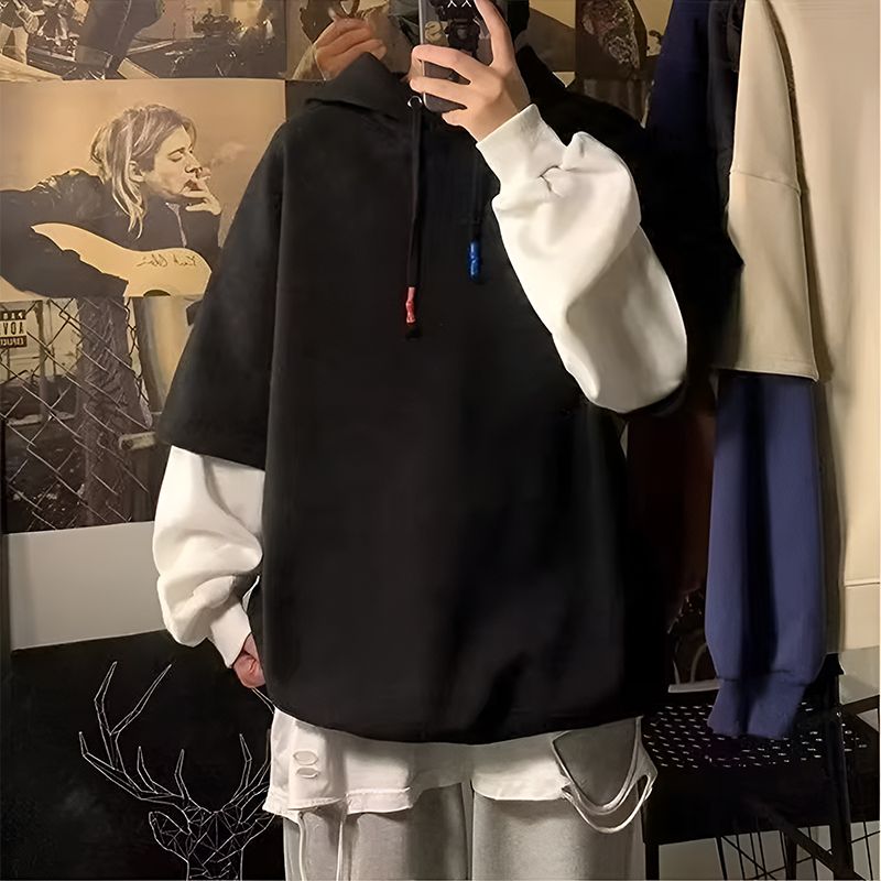Black_Men’s Fake Two-Piece Oversized Hoodie