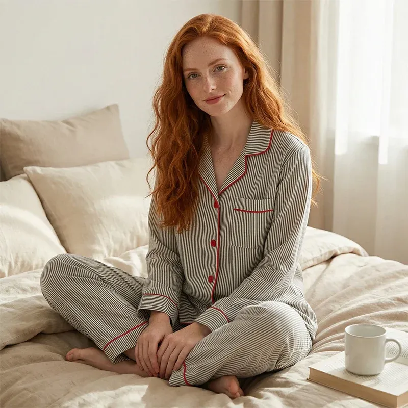womens pajama set, womens pajamas, womens sleepwear, striped pajamas, long sleeve pajama set, button up pajama set