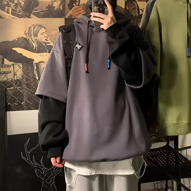Gray_Men’s Fake Two-Piece Oversized Hoodie